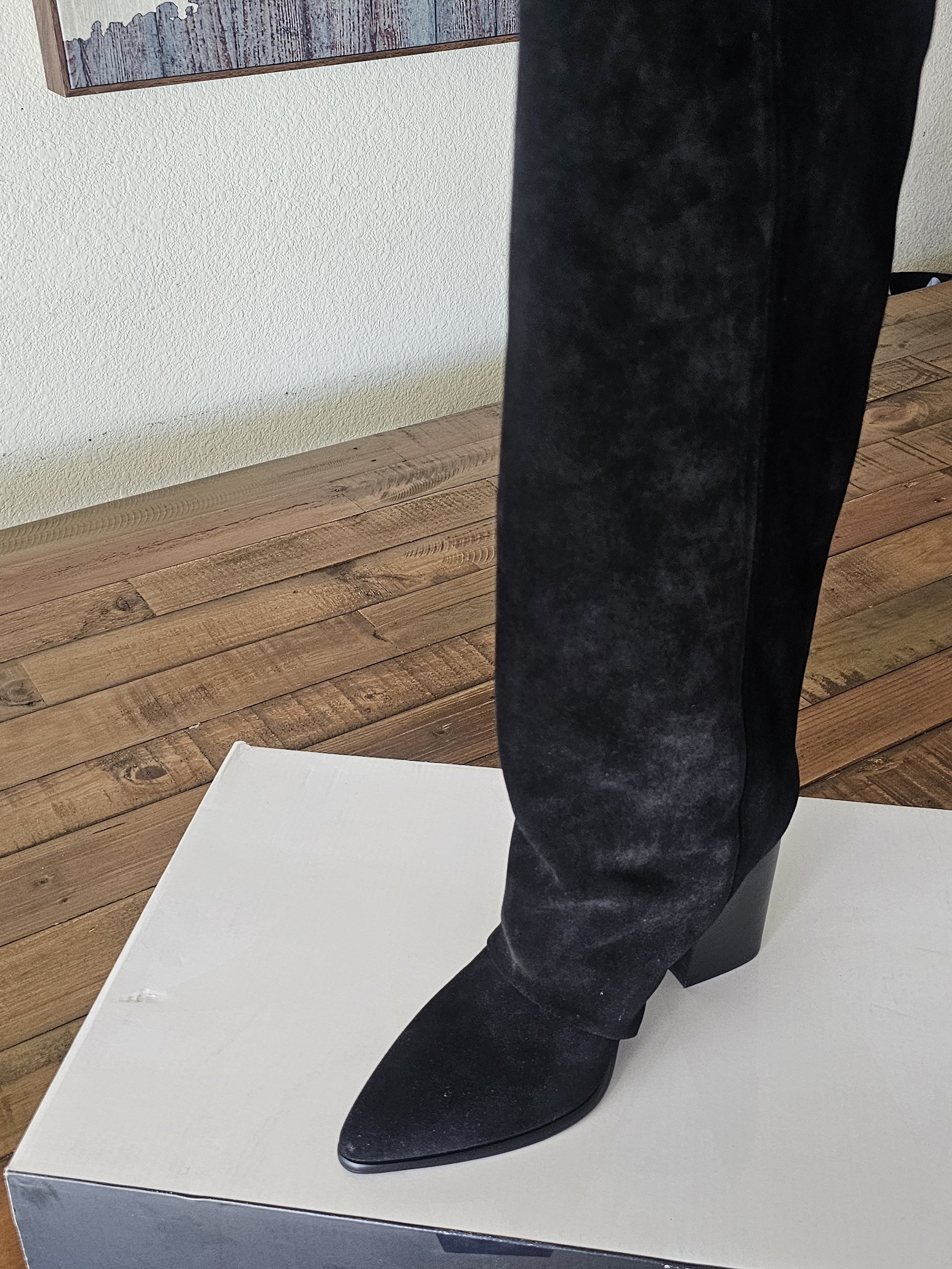 Nine West Black Knee-High Suede Pointed Toe Block Heel Boots